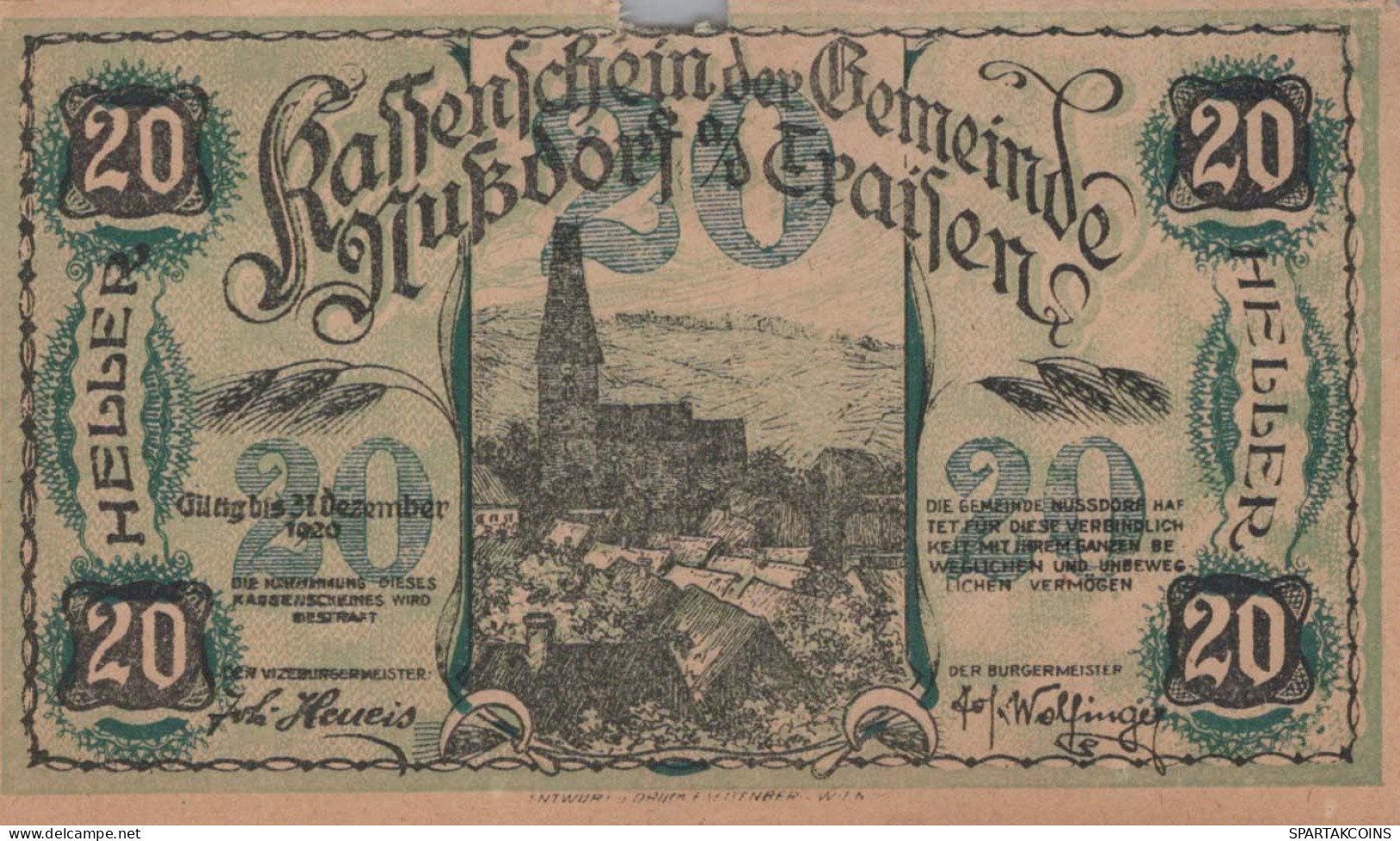 20 HELLER 1920 Stadt NUSSDORF OB DER TRAISEN Niedrigeren Österreich #PI385 - [11] Local Banknote Issues