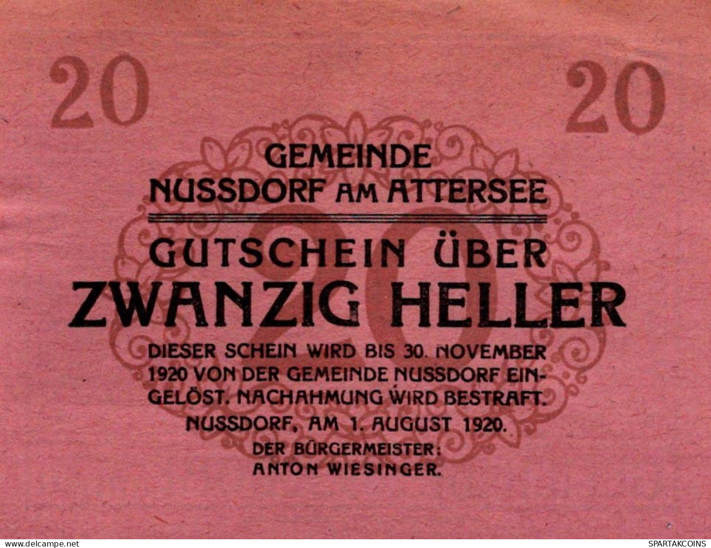 20 HELLER 1920 Stadt NUSSDORF AM ATTERSEE Oberösterreich Österreich #PE216 - [11] Local Banknote Issues
