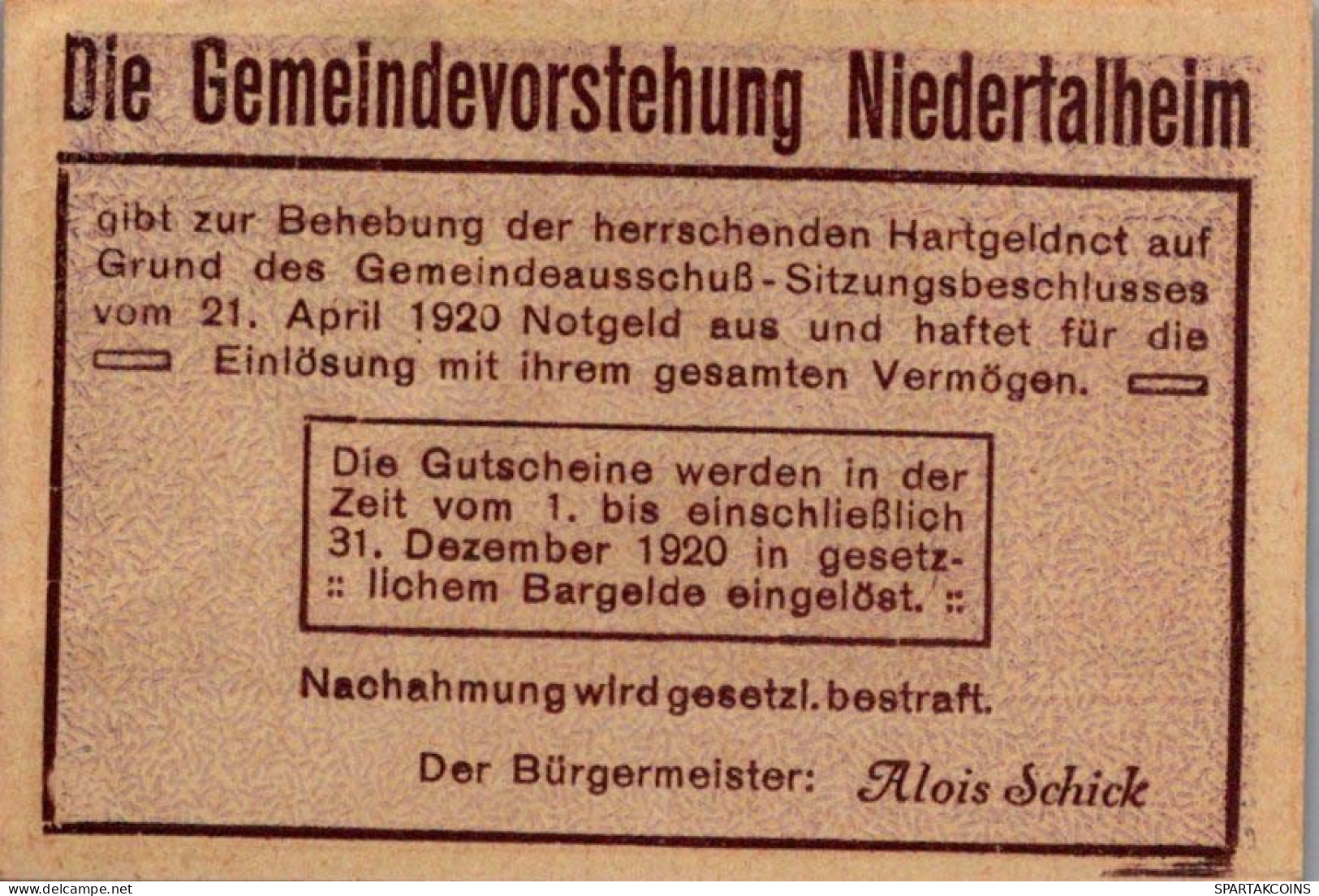 20 HELLER 1920 Stadt NIEDERTALHEIM Oberösterreich Österreich Notgeld #PE482 - [11] Emissions Locales