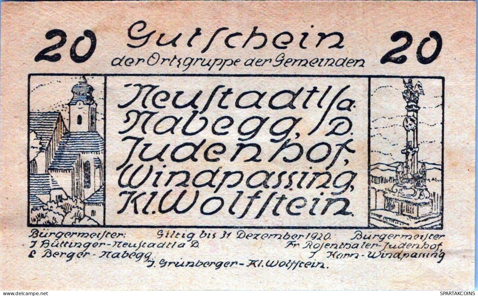 20 HELLER 1920 Stadt NEUSTADTL AN DER DONAU NABEGG JUDENHOF Österreich #PE425 - [11] Local Banknote Issues
