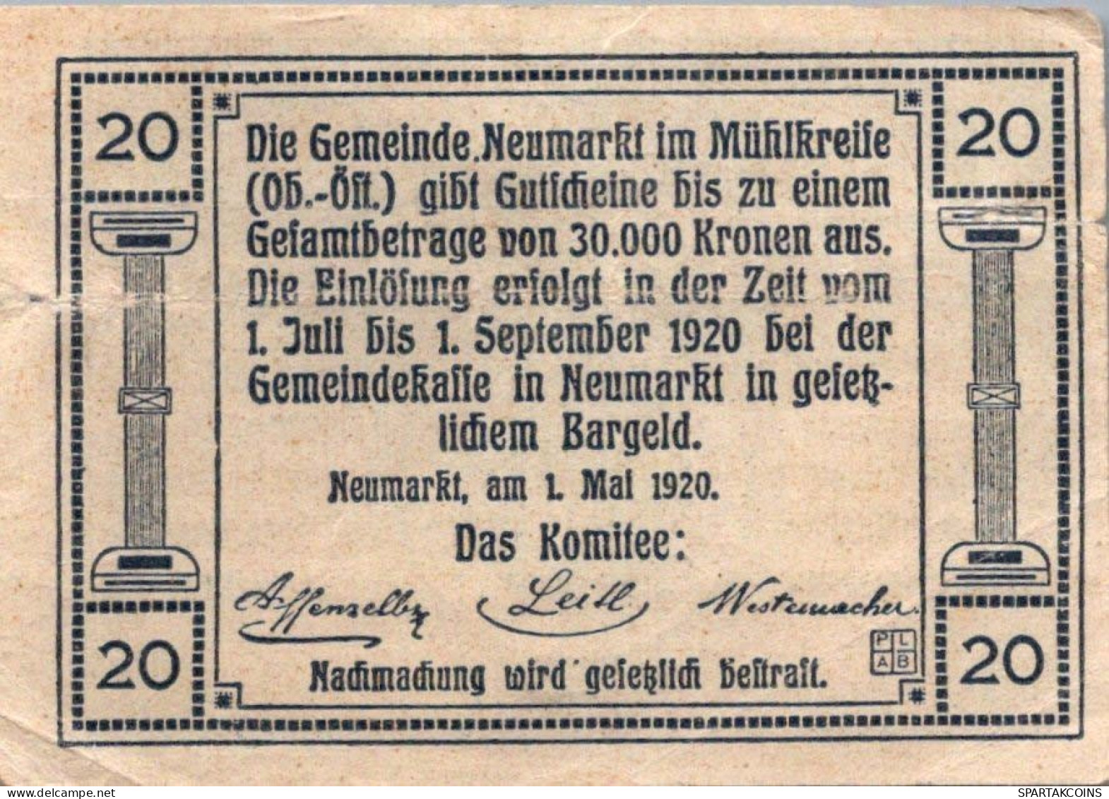 20 HELLER 1920 Stadt Neumarkt IM MÜHLKREIS Oberösterreich Österreich #PE207 - [11] Local Banknote Issues