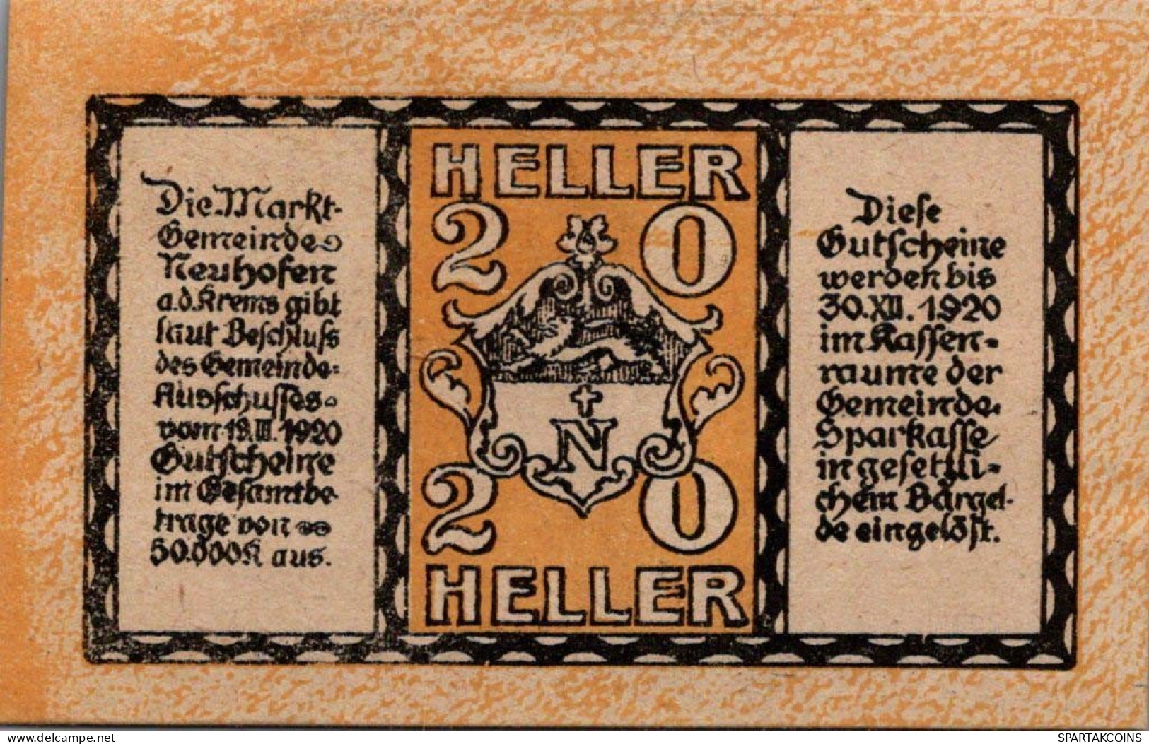 20 HELLER 1920 Stadt NEUHOFEN AN DER KREMS Oberösterreich Österreich Notgeld Papiergeld Banknote #PG631 - Lokale Ausgaben