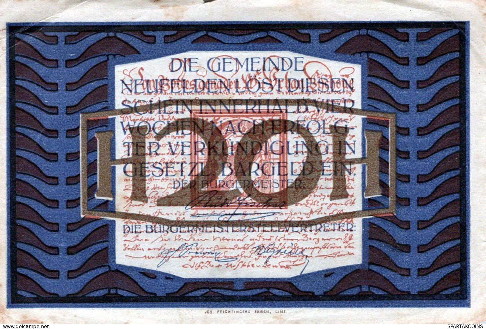 20 HELLER 1920 Stadt NEUFELDEN Oberösterreich Österreich Notgeld Banknote #PE226 - [11] Local Banknote Issues