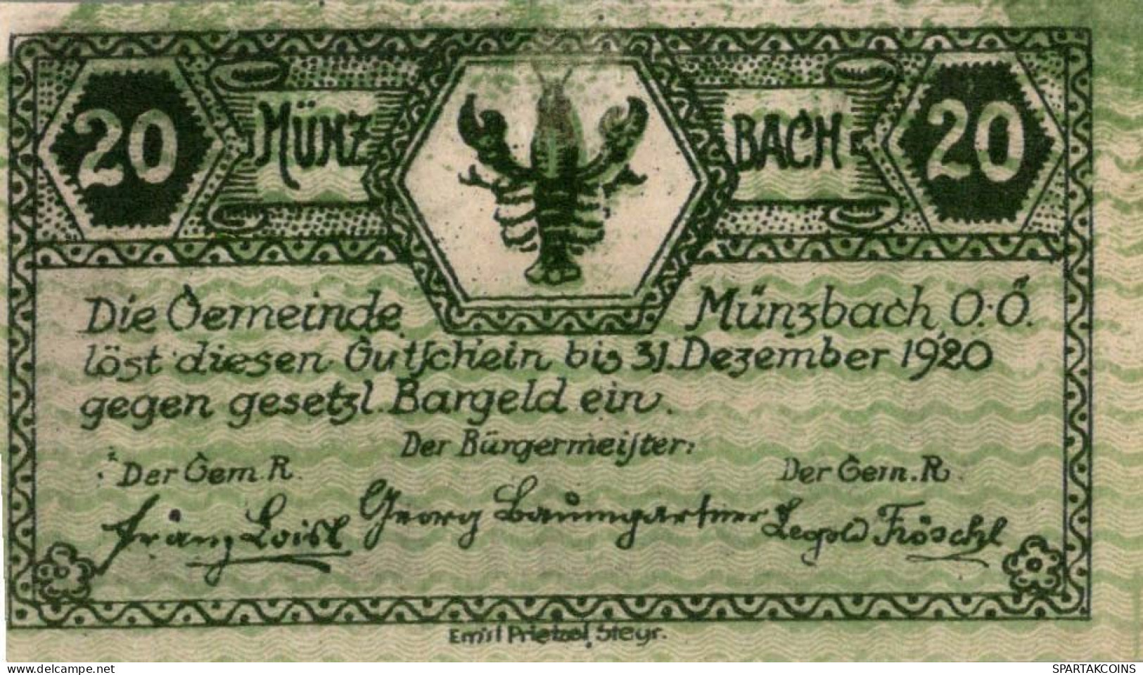 20 HELLER 1920 Stadt MÜNZBACH Oberösterreich Österreich Notgeld Banknote #PI176 - [11] Local Banknote Issues