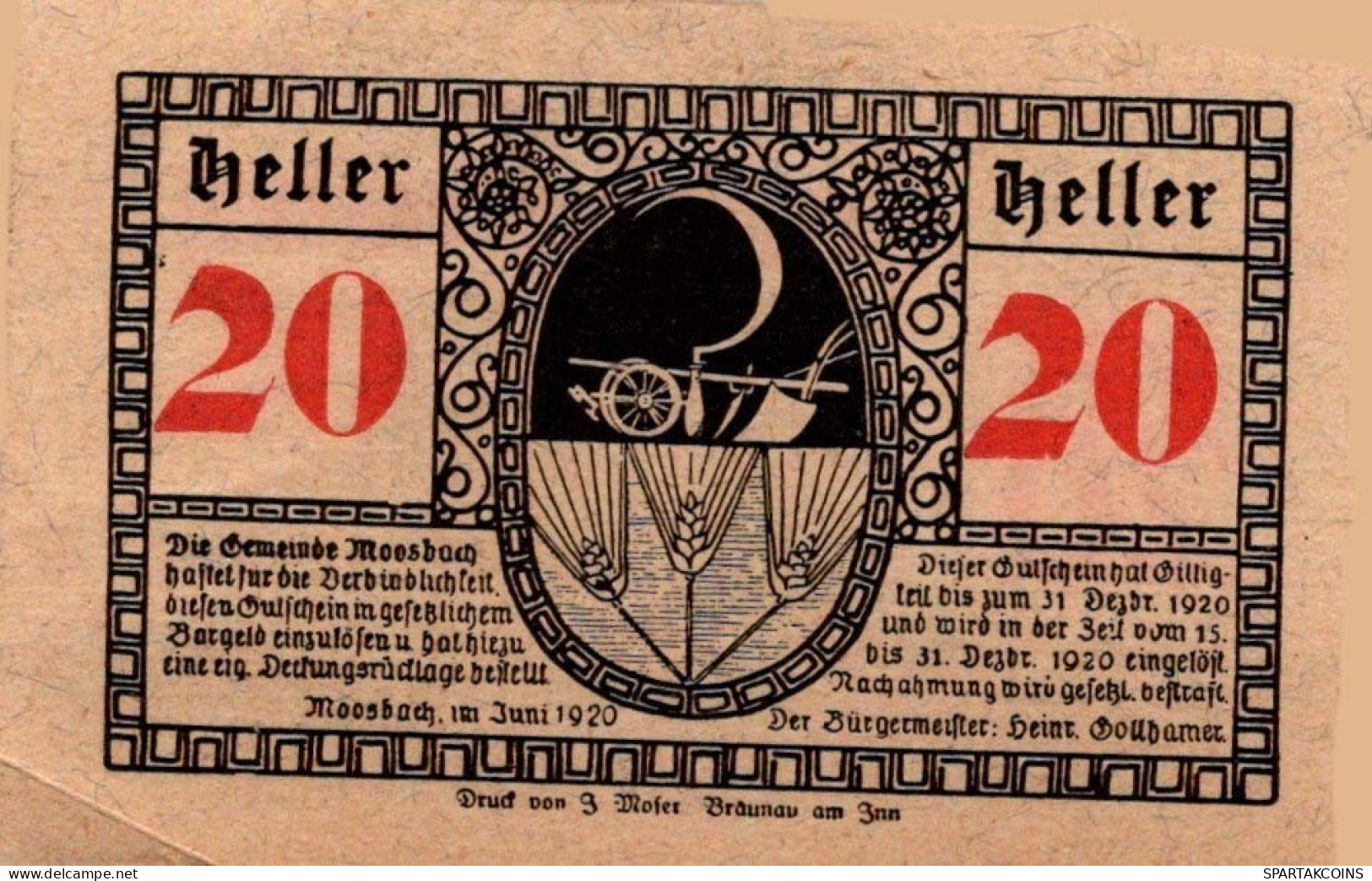 20 HELLER 1920 Stadt MOOSBACH Oberösterreich Österreich Notgeld Banknote #PD814 - [11] Local Banknote Issues