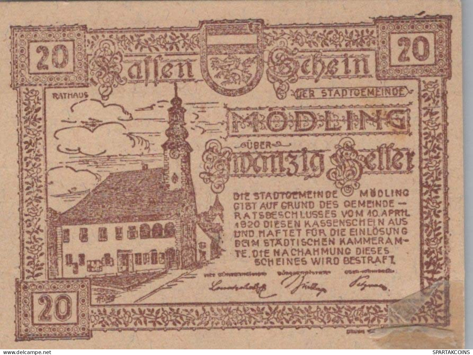 20 HELLER 1920 Stadt MoDLING Niedrigeren Österreich Notgeld Banknote #PD869 - [11] Local Banknote Issues