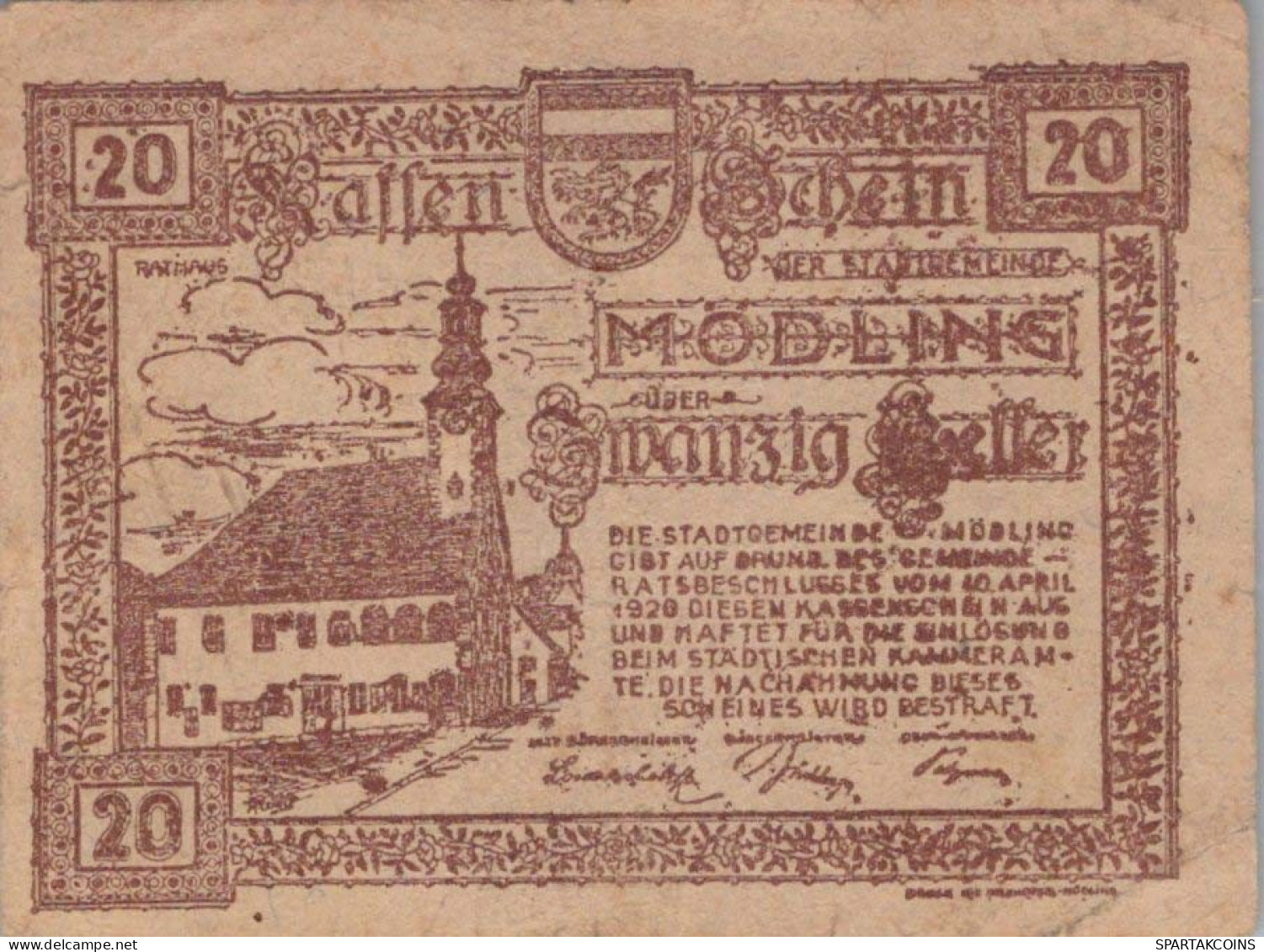 20 HELLER 1920 Stadt MoDLING Niedrigeren Österreich Notgeld Banknote #PD808 - [11] Local Banknote Issues