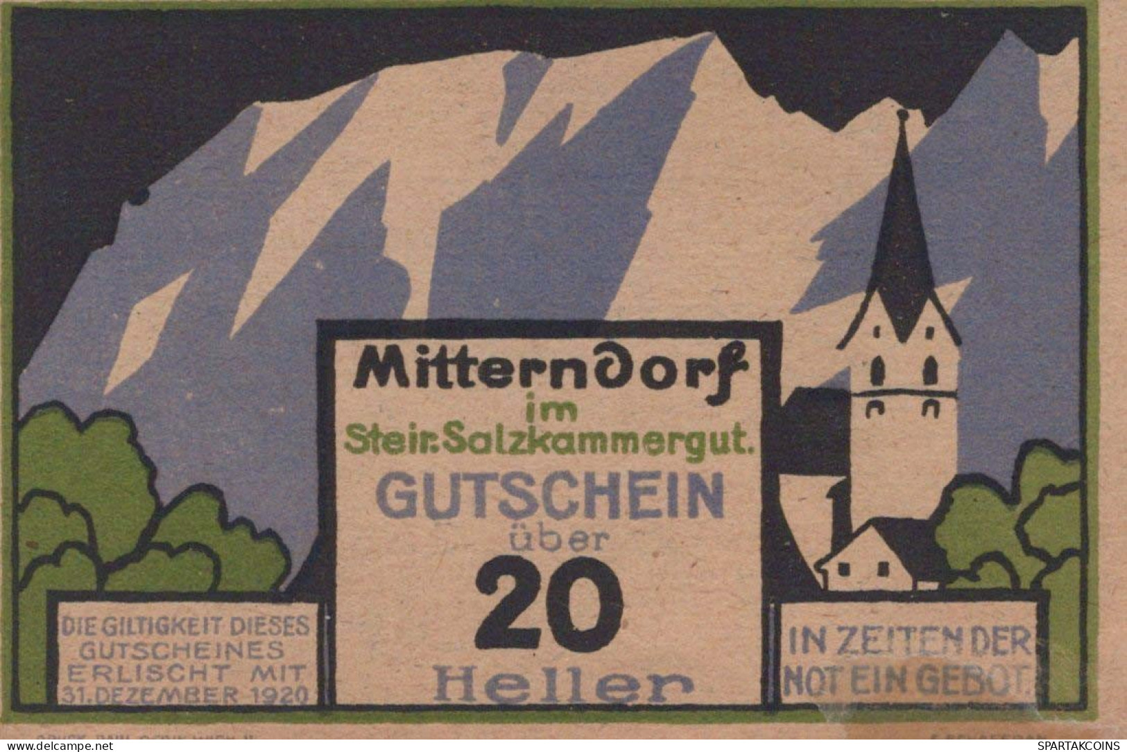 20 HELLER 1920 Stadt MITTERNDORF Styria Österreich Notgeld Banknote #PD846 - [11] Local Banknote Issues