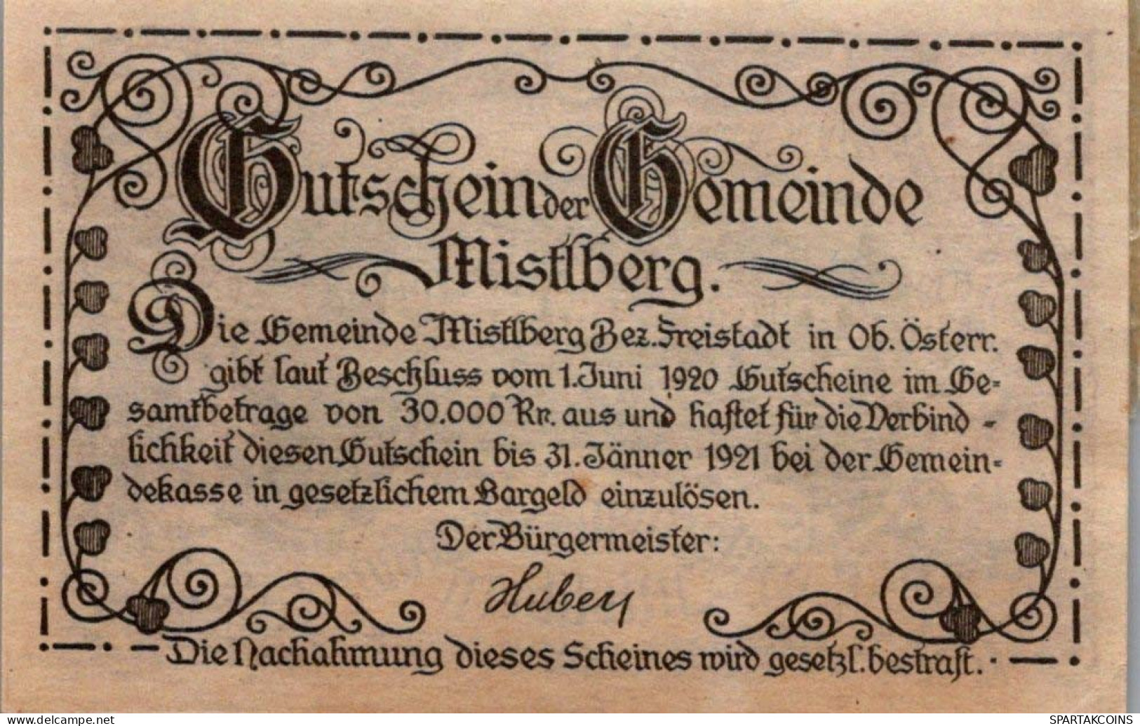 20 HELLER 1920 Stadt MISTLBERG Oberösterreich Österreich Notgeld Banknote #PD859 - [11] Emissions Locales