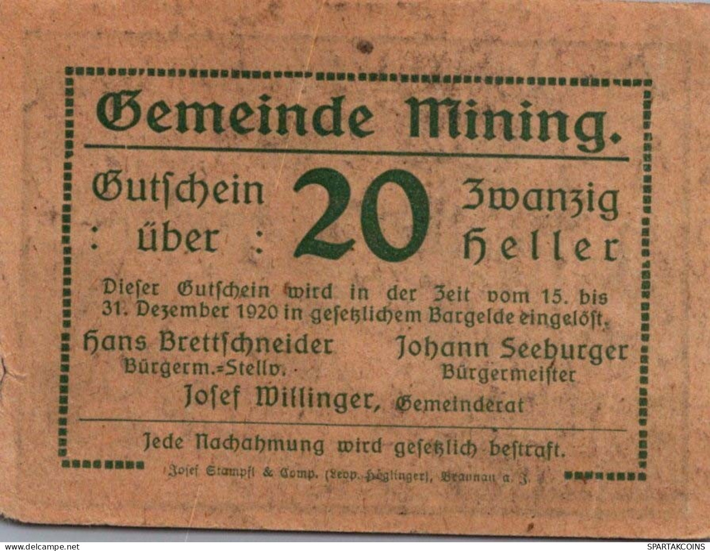 20 HELLER 1920 Stadt MINING Oberösterreich Österreich Notgeld Banknote #PF763 - [11] Emissions Locales