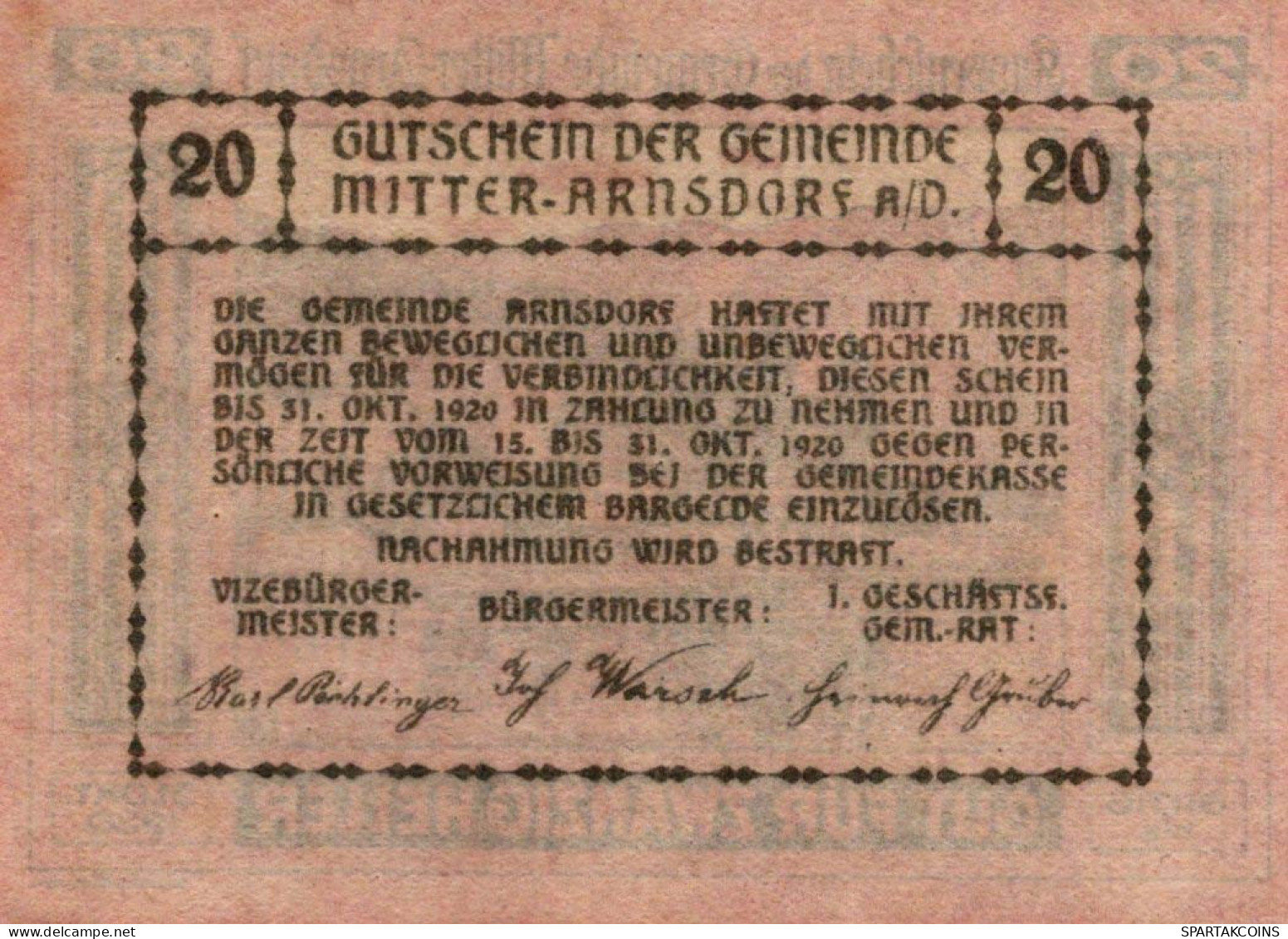20 HELLER 1920 Stadt MITTER-ARNSDORF Niedrigeren Österreich Notgeld Papiergeld Banknote #PG953 - [11] Local Banknote Issues