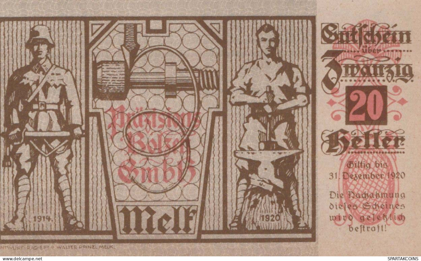 20 HELLER 1920 Stadt MELK Niedrigeren Österreich Notgeld Banknote #PD860 - [11] Emisiones Locales