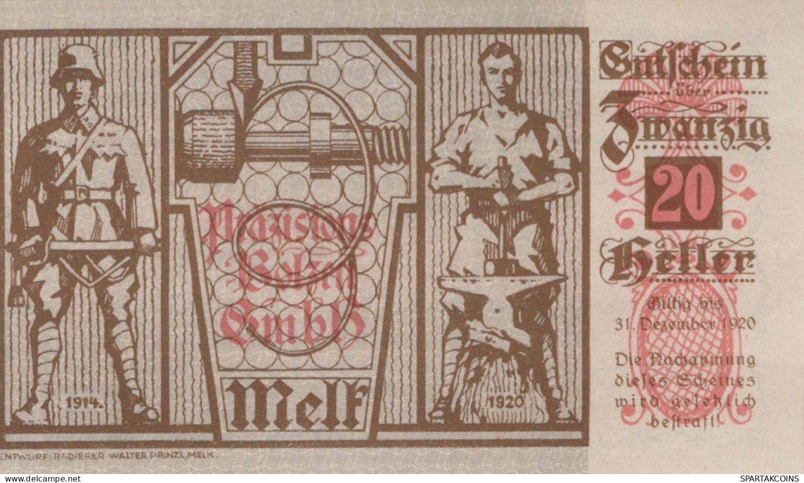 20 HELLER 1920 Stadt MELK Niedrigeren Österreich Notgeld Banknote #PD841 - [11] Emissions Locales