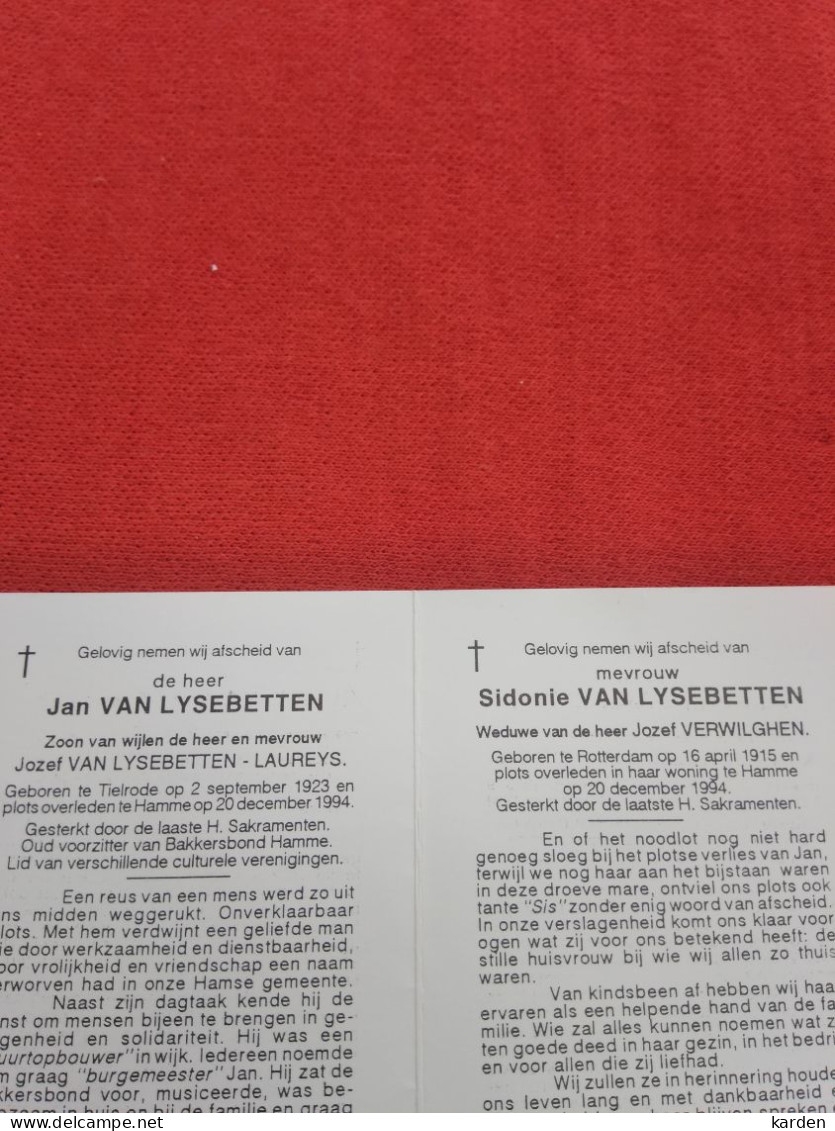 Prentje Jan Van Lysebetten Tielrode 2/9/1923 Hamme 12/1994 - Sidonie Van Lysebetten Rotterdam 16/4/1916 Hamme 12/1994 - Religion & Esotérisme