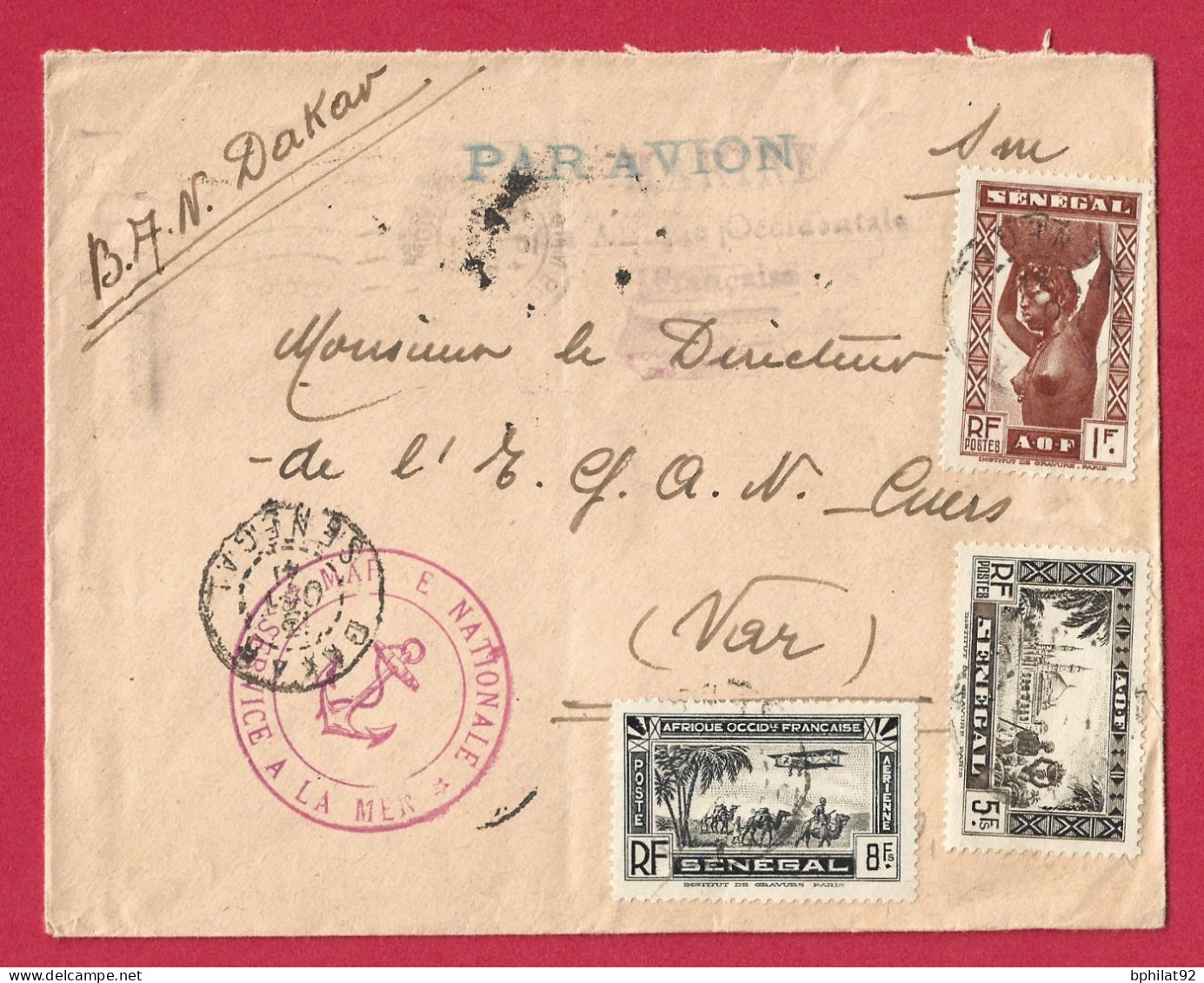 !!! SÉNÉGAL, LETTRE FM PAR AVION DE LA BASE AÉRONAVALE DE DAKAR POUR LA FRANCE DE 1941, CACHET MARINE SERVICE À LA MER - Lettres & Documents