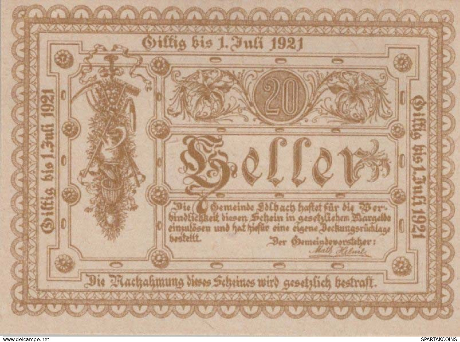 20 HELLER 1921 Stadt EDLBACH Oberösterreich Österreich Notgeld Banknote #PE596 - [11] Lokale Uitgaven