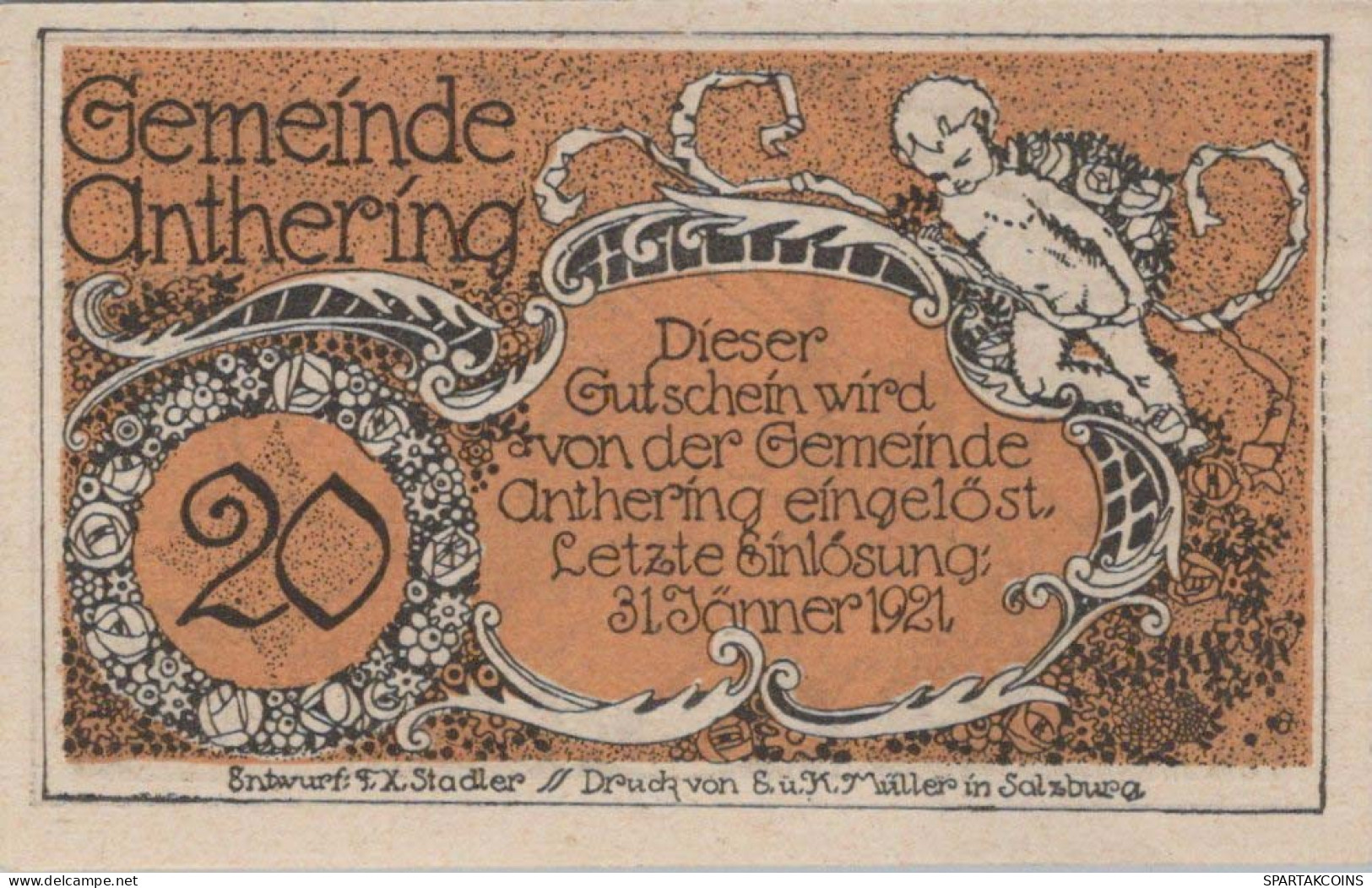 20 HELLER 1921 Stadt ANTHERING Salzburg UNC Österreich Notgeld Banknote #PH361 - [11] Lokale Uitgaven
