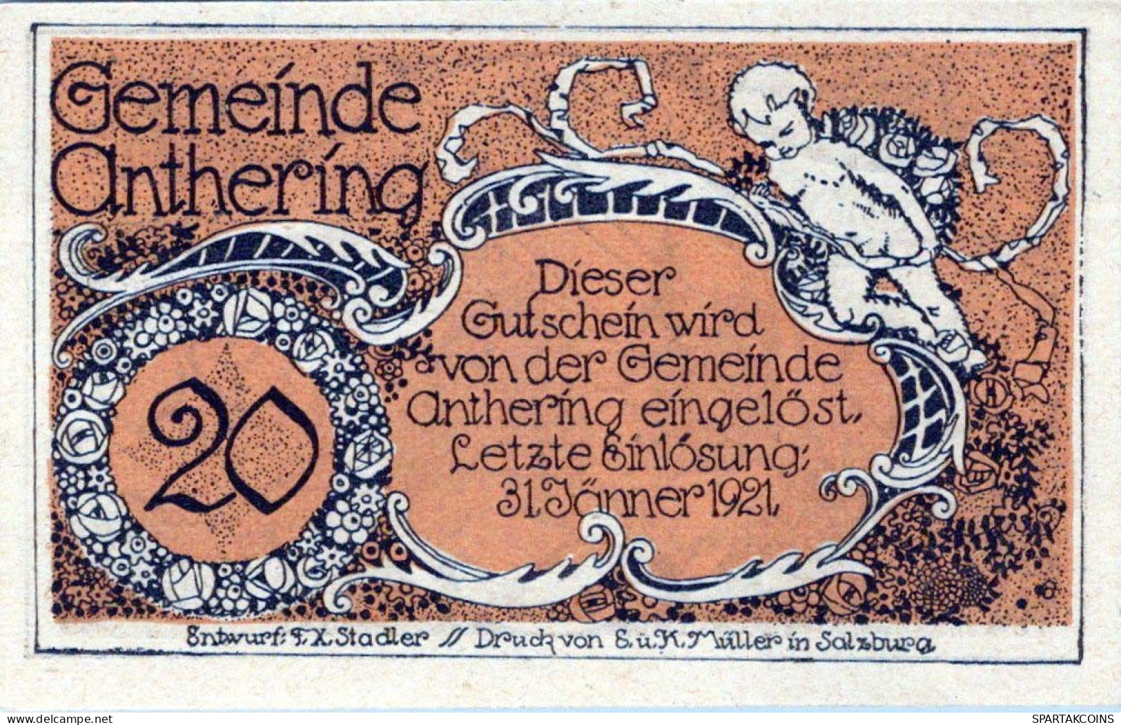 20 HELLER 1921 Stadt ANTHERING Salzburg UNC Österreich Notgeld Banknote #PH361 - [11] Lokale Uitgaven
