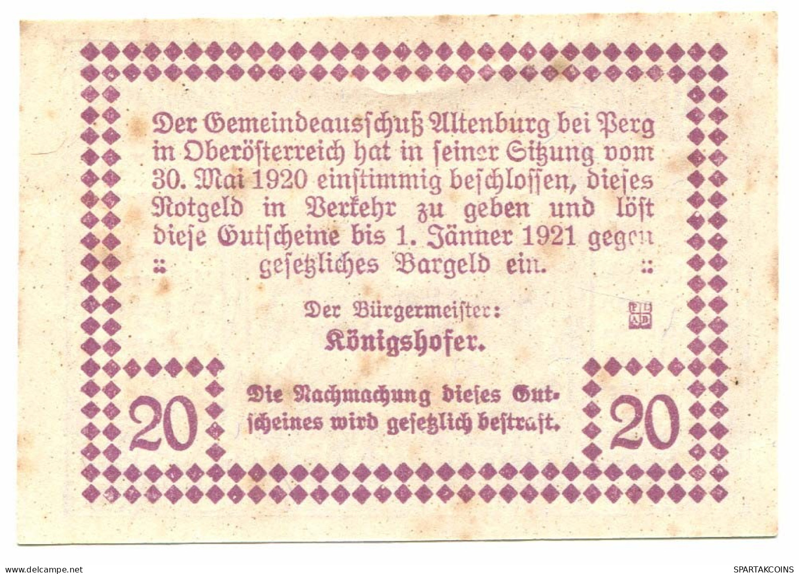 20 Heller 1921 PERG Österreich UNC Notgeld Papiergeld Banknote #P10253 - [11] Local Banknote Issues