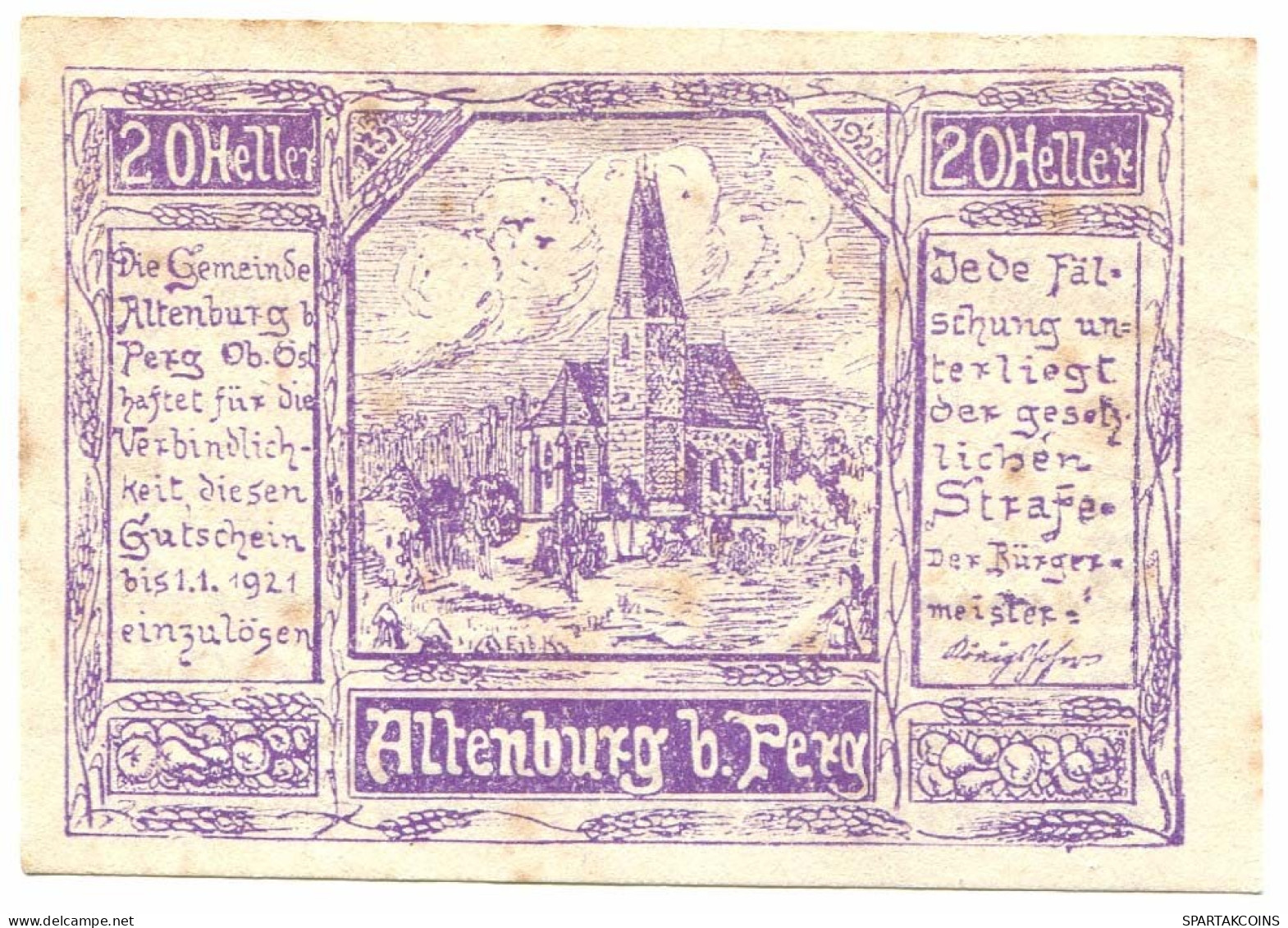 20 Heller 1921 PERG Österreich UNC Notgeld Papiergeld Banknote #P10253 - [11] Lokale Uitgaven