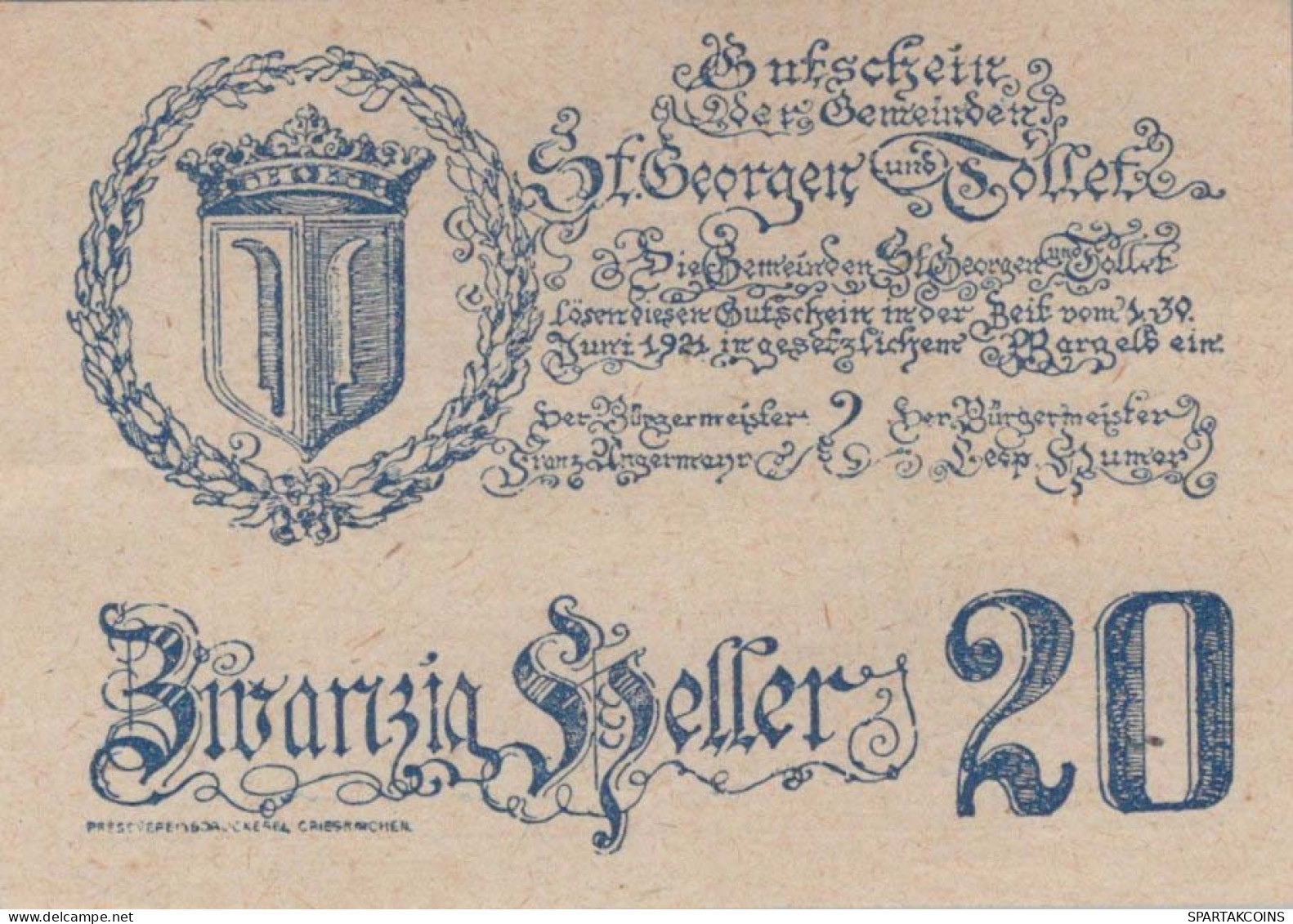 20 HELLER 1921 SANKT GEORGEN BEI GRIESKIRCHEN AND TOLLET Oberösterreich Österreich #PF044 - [11] Emissioni Locali