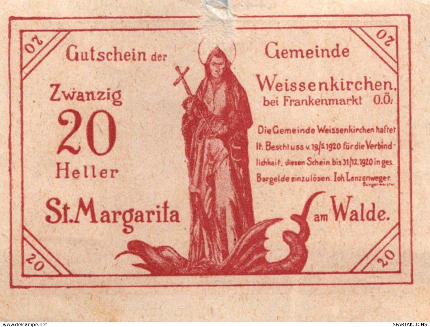 20 HELLER 1920 WEISSENKIRCHEN BEI FRANKENMARKT Oberösterreich Österreich #PI394 - [11] Lokale Uitgaven