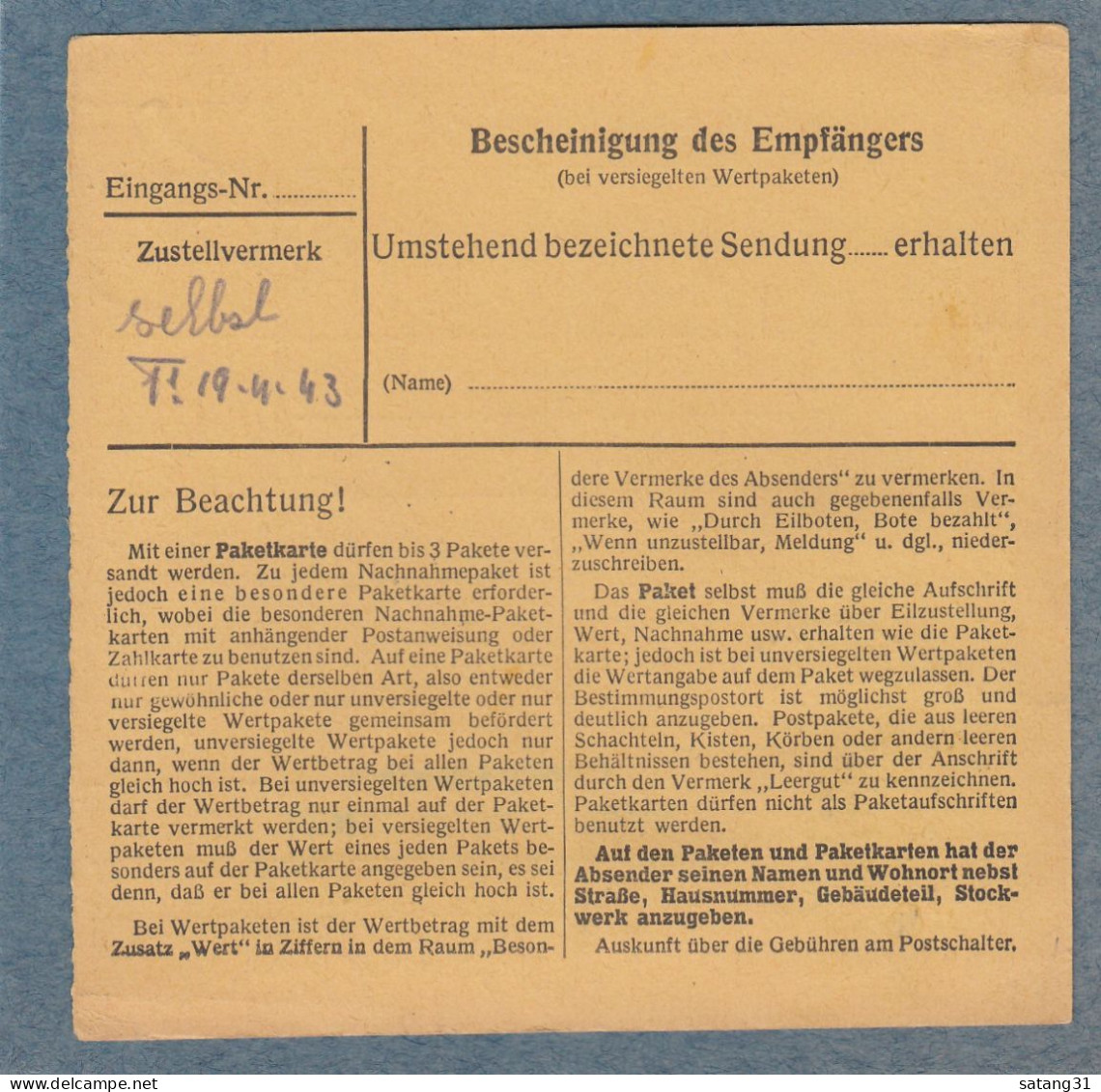 PAKETKARTE AUS DEM UNTERSUCHUNGSAMT IN LUXEMBURG AN DIE ORTSPOLIZEI IN DIFFERDINGEN. - 1940-1944 Deutsche Besatzung