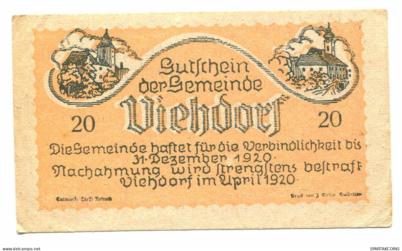 20 Heller 1920 VIEHDORF Österreich UNC Notgeld Papiergeld Banknote #P10710 - [11] Lokale Uitgaven