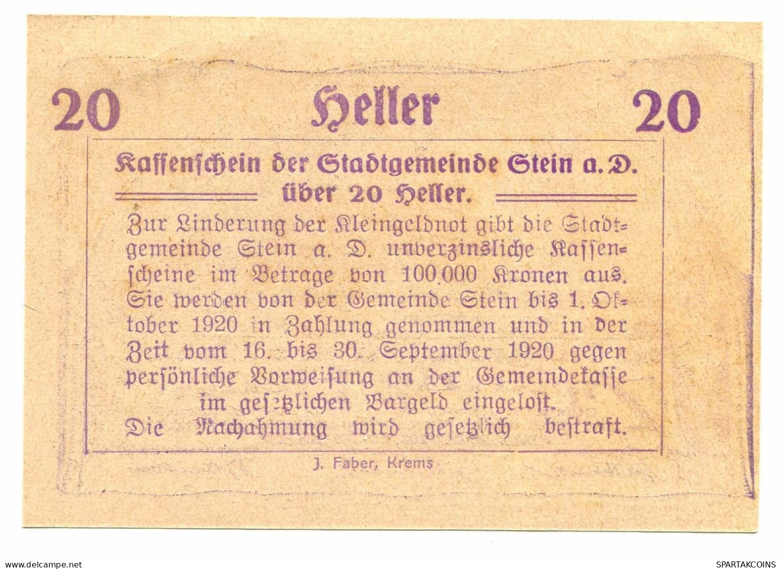 20 Heller 1920 STEIN Österreich UNC Notgeld Papiergeld Banknote #P10329 - [11] Local Banknote Issues