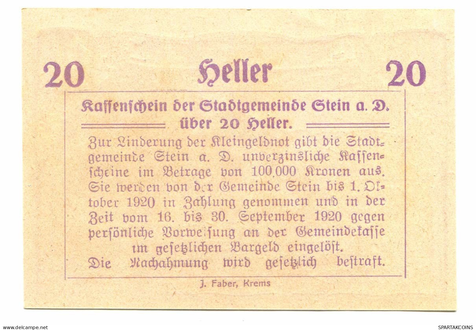 20 Heller 1920 STEIN Österreich UNC Notgeld Papiergeld Banknote #P10323 - [11] Lokale Uitgaven