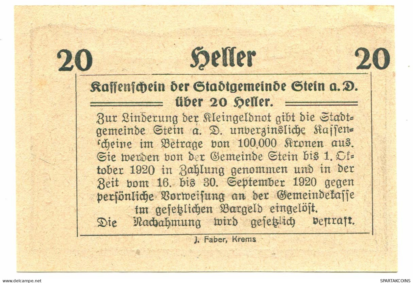 20 Heller 1920 STEIN Österreich UNC Notgeld Papiergeld Banknote #P10317 - [11] Local Banknote Issues