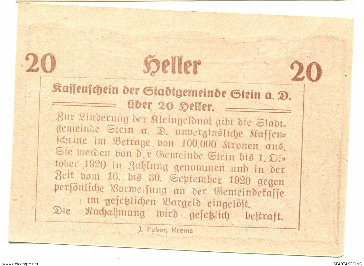 20 Heller 1920 STEIN Österreich UNC Notgeld Papiergeld Banknote #P10320 - [11] Emisiones Locales