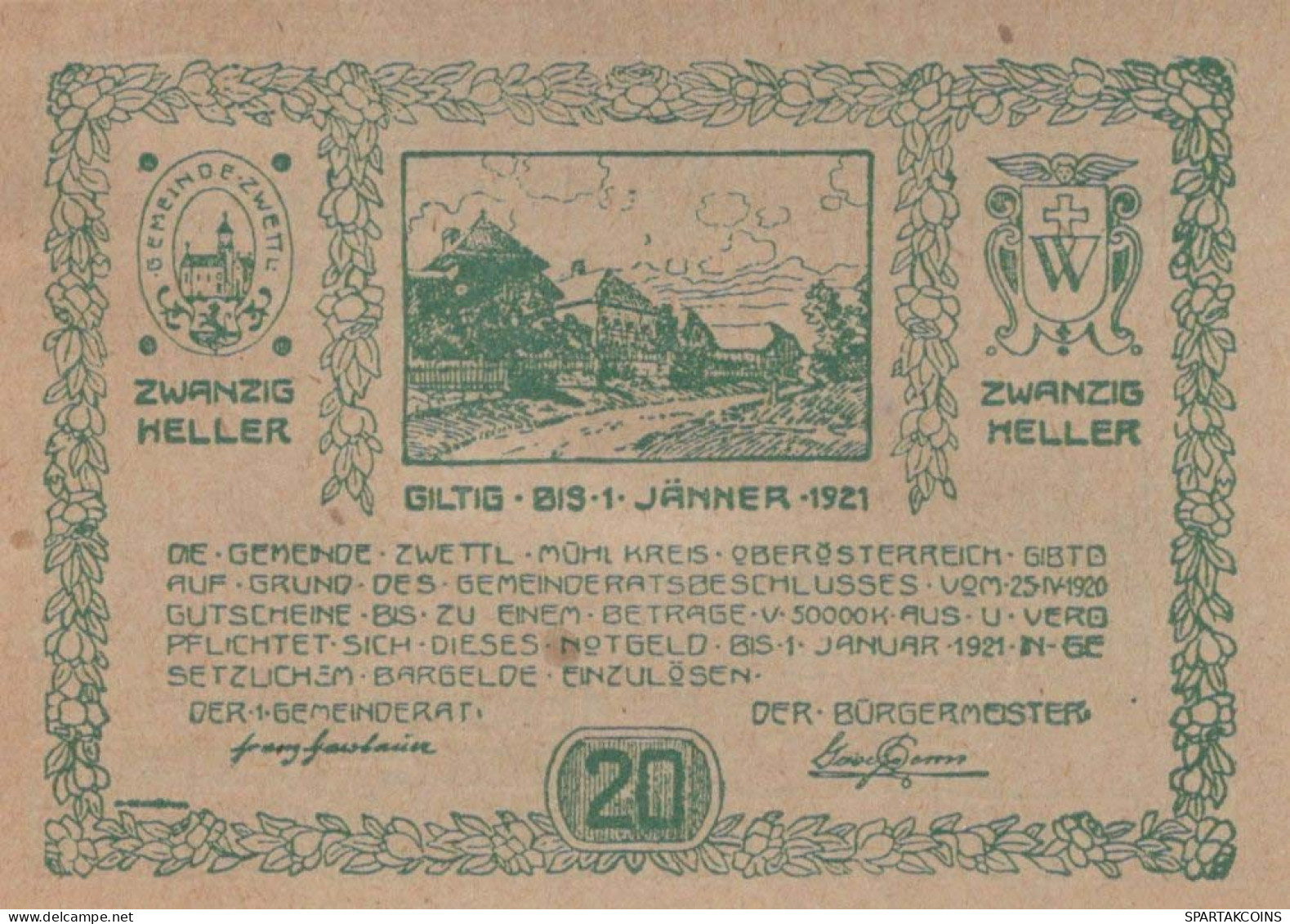 20 HELLER 1920 Stadt ZWETTL IM MÜHLKREIS Oberösterreich Österreich Notgeld Papiergeld Banknote #PG760 - [11] Lokale Uitgaven