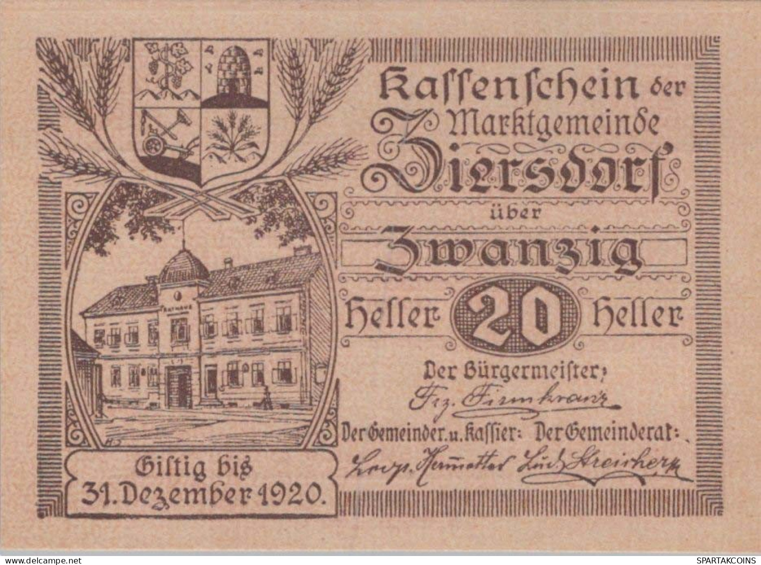 20 HELLER 1920 Stadt ZIERSDORF Niedrigeren Österreich UNC Österreich Notgeld #PH464 - [11] Local Banknote Issues
