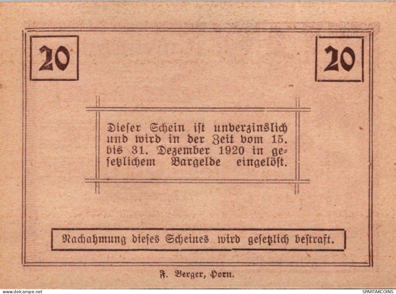 20 HELLER 1920 Stadt ZIERSDORF Niedrigeren Österreich UNC Österreich Notgeld #PH464 - [11] Emissions Locales