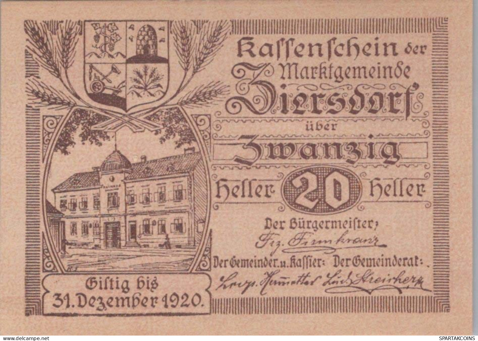 20 HELLER 1920 Stadt ZIERSDORF Niedrigeren Österreich Notgeld Papiergeld Banknote #PG757 - [11] Lokale Uitgaven