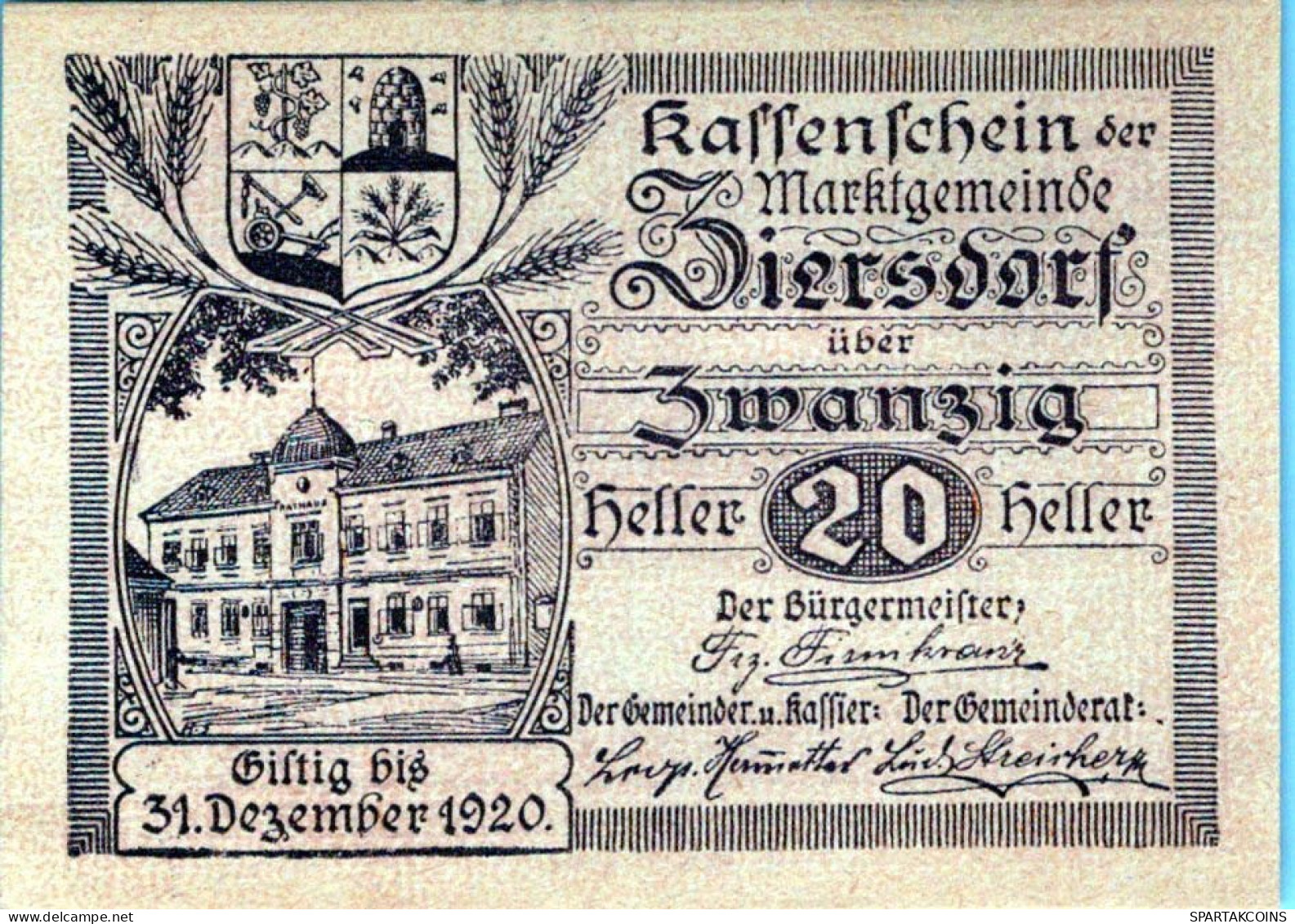 20 HELLER 1920 Stadt ZIERSDORF Niedrigeren Österreich Notgeld Papiergeld Banknote #PG757 - [11] Local Banknote Issues