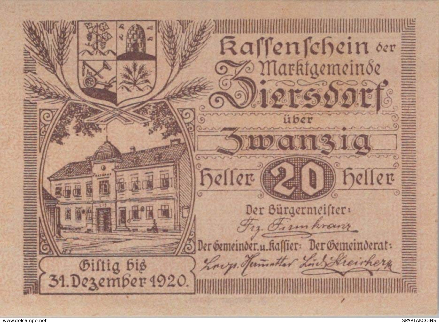20 HELLER 1920 Stadt ZIERSDORF Niedrigeren Österreich Notgeld Banknote #PF204 - Lokale Ausgaben