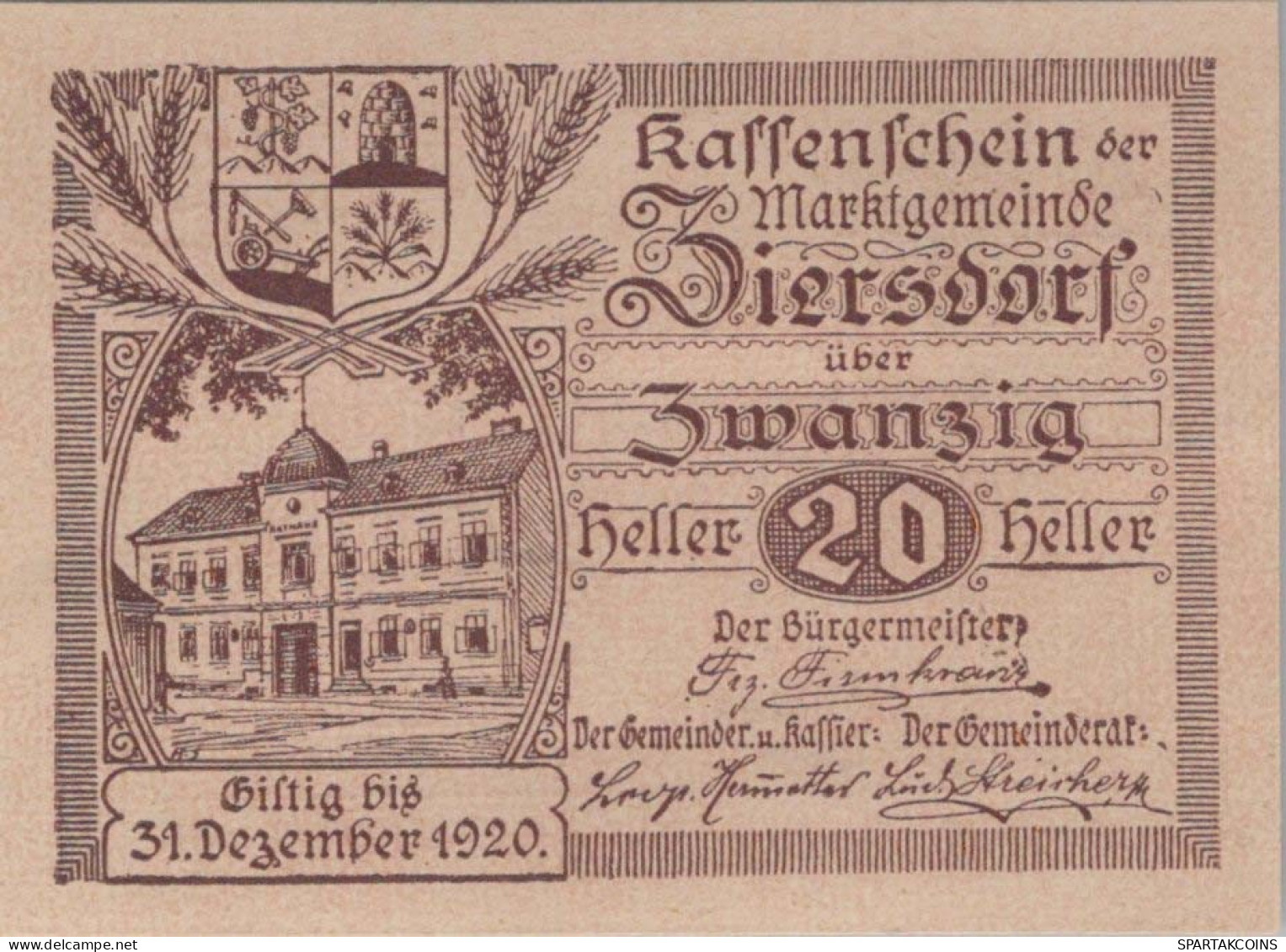 20 HELLER 1920 Stadt ZIERSDORF Niedrigeren Österreich Notgeld Banknote #PE127 - [11] Lokale Uitgaven