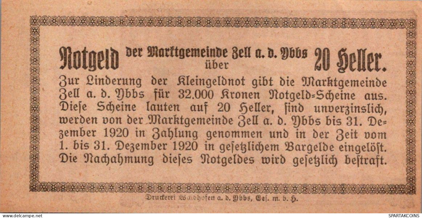 20 HELLER 1920 Stadt ZELL AN DER YBBS Niedrigeren Österreich UNC Österreich #PH063 - [11] Lokale Uitgaven