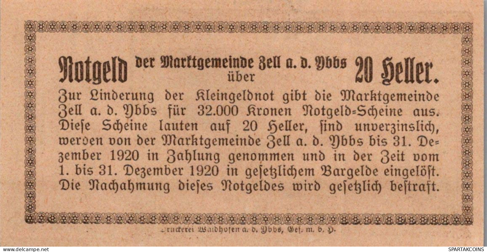 20 HELLER 1920 Stadt ZELL AN DER YBBS Niedrigeren Österreich Notgeld #PJ225 - [11] Lokale Uitgaven