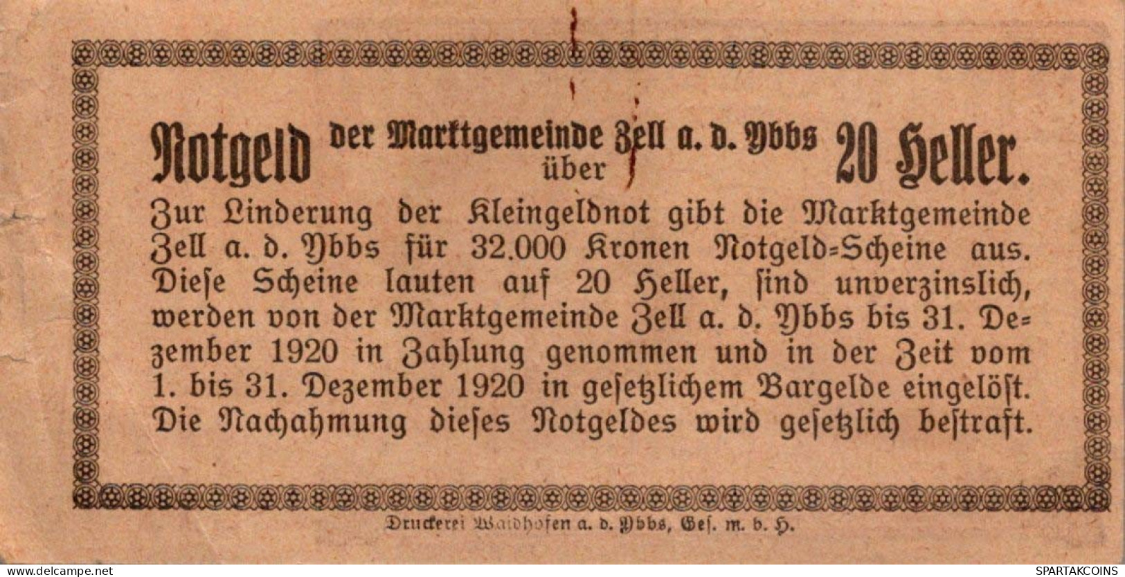 20 HELLER 1920 Stadt ZELL AN DER YBBS Niedrigeren Österreich Notgeld #PE115 - [11] Lokale Uitgaven