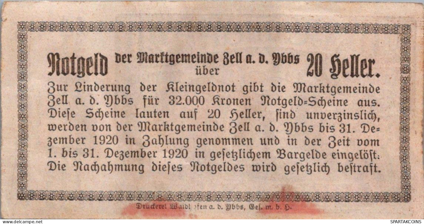 20 HELLER 1920 Stadt ZELL AN DER YBBS Niedrigeren Österreich Notgeld #PE106 - [11] Lokale Uitgaven