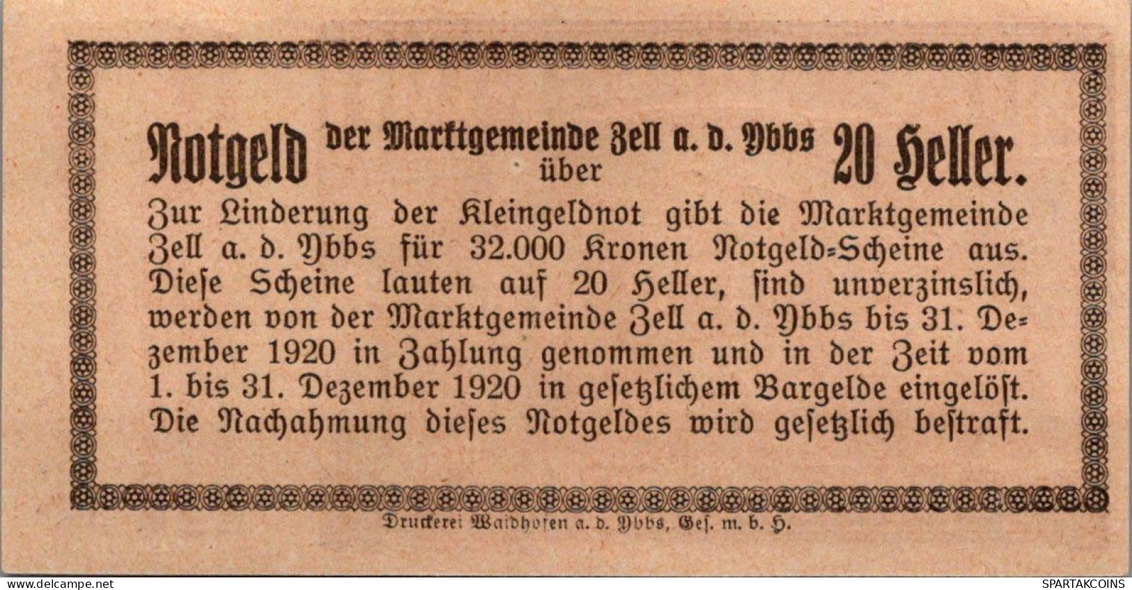 20 HELLER 1920 Stadt ZELL AN DER YBBS Niedrigeren Österreich Notgeld #PE104 - [11] Local Banknote Issues