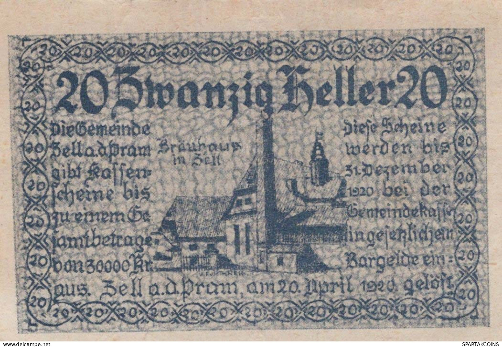20 HELLER 1920 Stadt ZELL AN DER PRAM Oberösterreich Österreich Notgeld #PE097 - [11] Local Banknote Issues