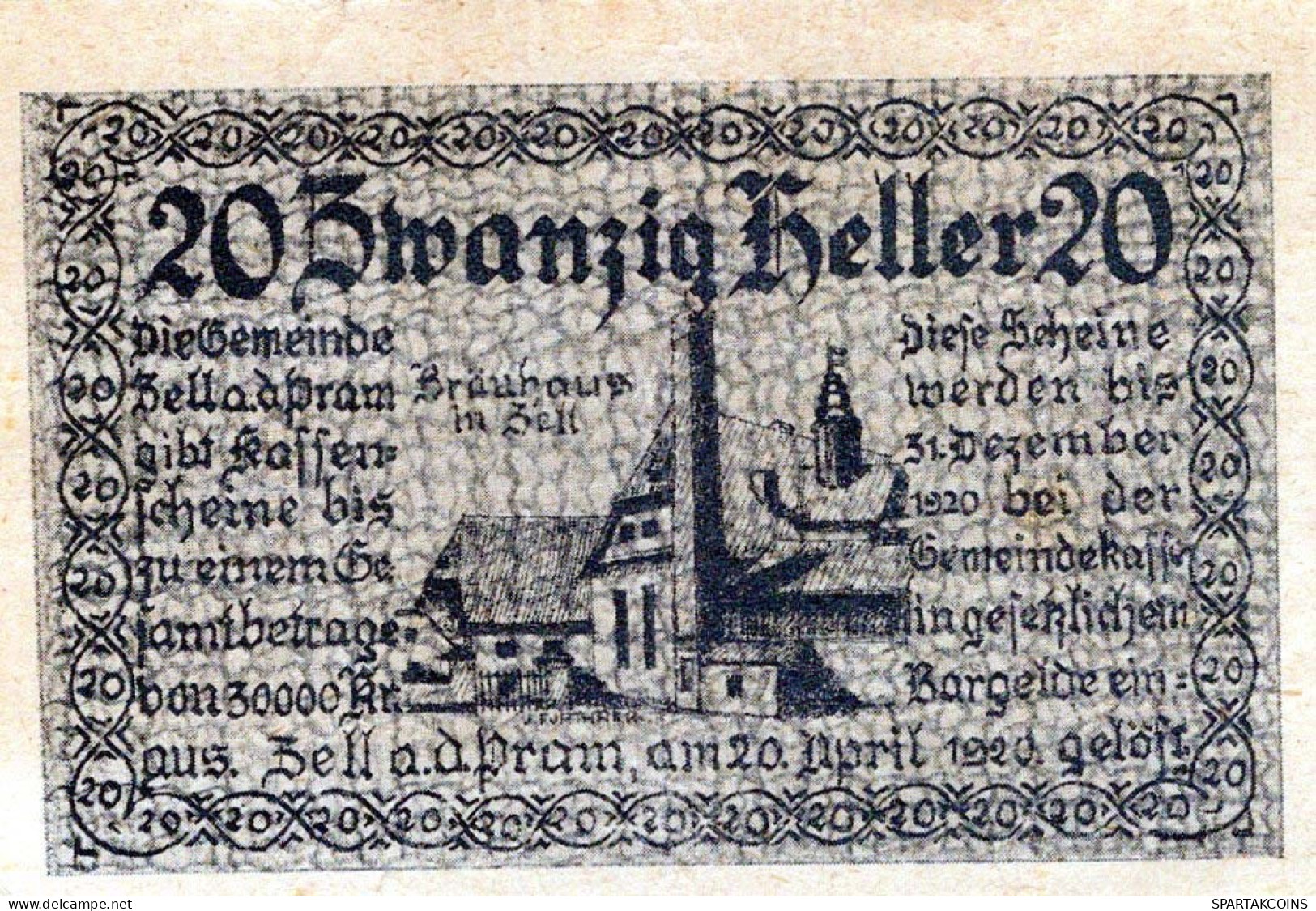 20 HELLER 1920 Stadt ZELL AN DER PRAM Oberösterreich Österreich Notgeld #PE097 - [11] Lokale Uitgaven