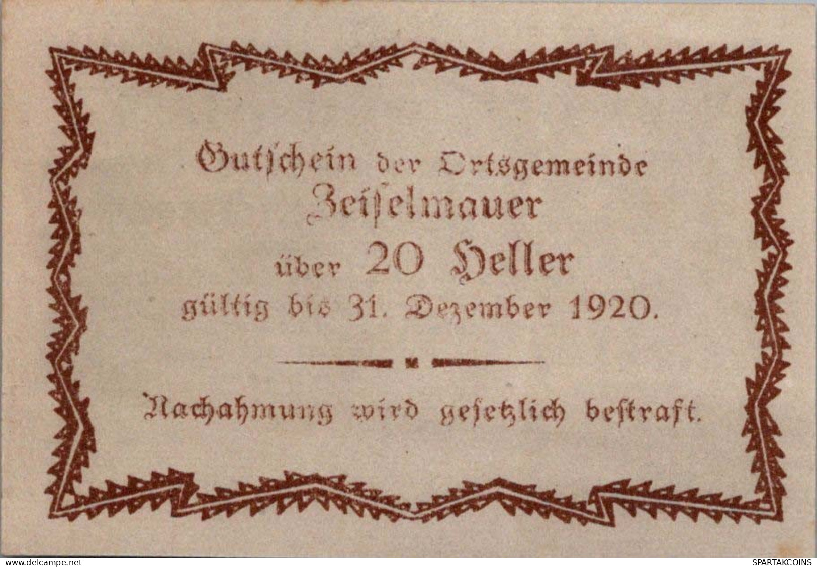 20 HELLER 1920 Stadt ZEISELMAUER Niedrigeren Österreich Notgeld Papiergeld Banknote #PG754 - [11] Local Banknote Issues