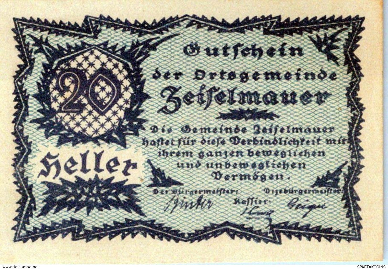 20 HELLER 1920 Stadt ZEISELMAUER Niedrigeren Österreich Notgeld Papiergeld Banknote #PG754 - [11] Local Banknote Issues
