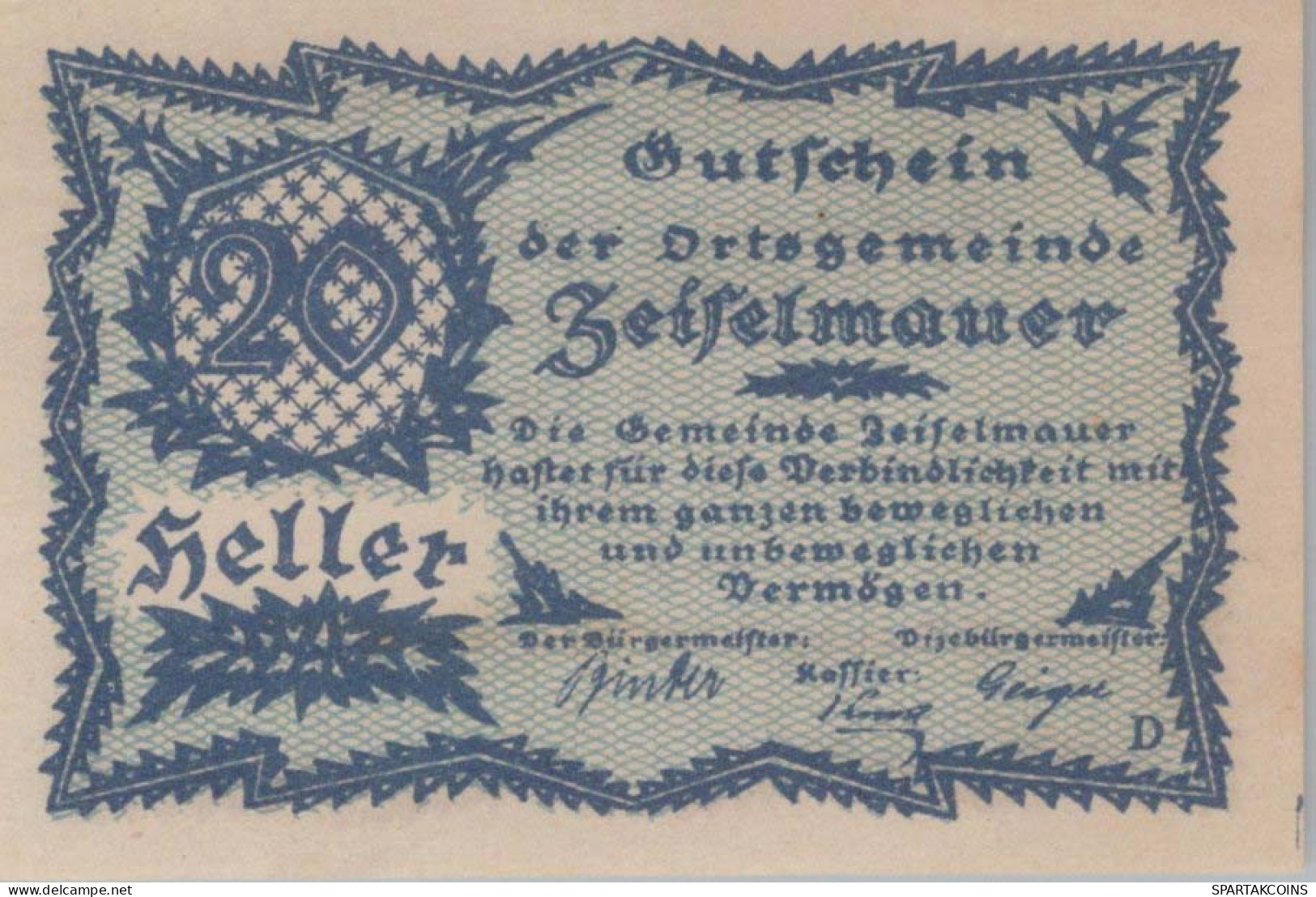 20 HELLER 1920 Stadt ZEISELMAUER Niedrigeren Österreich Notgeld #PE121 - [11] Lokale Uitgaven