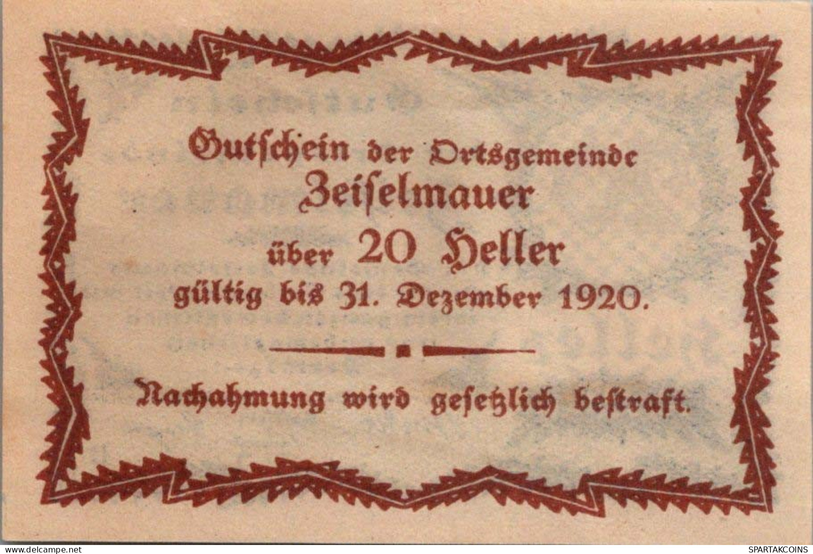 20 HELLER 1920 Stadt ZEISELMAUER Niedrigeren Österreich Notgeld #PE121 - Lokale Ausgaben